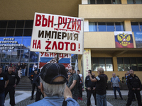 Protests against the Russian invasion of Ukraine take place in front of the Russian Cultural Information Center in Sofia, Bulgaria, on Septe...