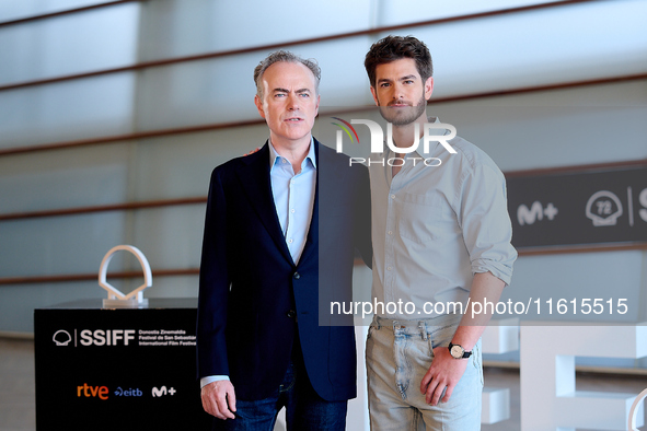 John Crowley and Andrew Garfield attend the photocall for ''We Live in the Time'' during the 72nd San Sebastian International Film Festival...