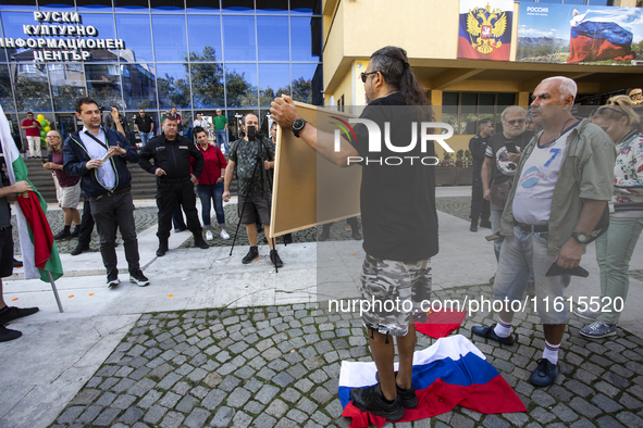 Protests against the Russian invasion of Ukraine take place in front of the Russian Cultural Information Center in Sofia, Bulgaria, on Septe...