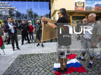 Protests against the Russian invasion of Ukraine take place in front of the Russian Cultural Information Center in Sofia, Bulgaria, on Septe...