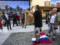 Protests against the Russian invasion of Ukraine take place in front of the Russian Cultural Information Center in Sofia, Bulgaria, on Septe...