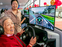 A 93-year-old grandmother learns driving skills on an AI intelligent simulator at the Blue Shield Intelligent Driving School in Huaxian Coun...