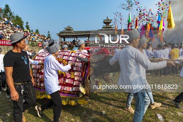 People watch a bullfight at the Songxue bullfight pond in Congjiang county, Southwest China's Guizhou province, on September 28, 2024. 