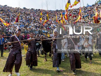 People watch a bullfight at the Songxue bullfight pond in Congjiang county, Southwest China's Guizhou province, on September 28, 2024. (