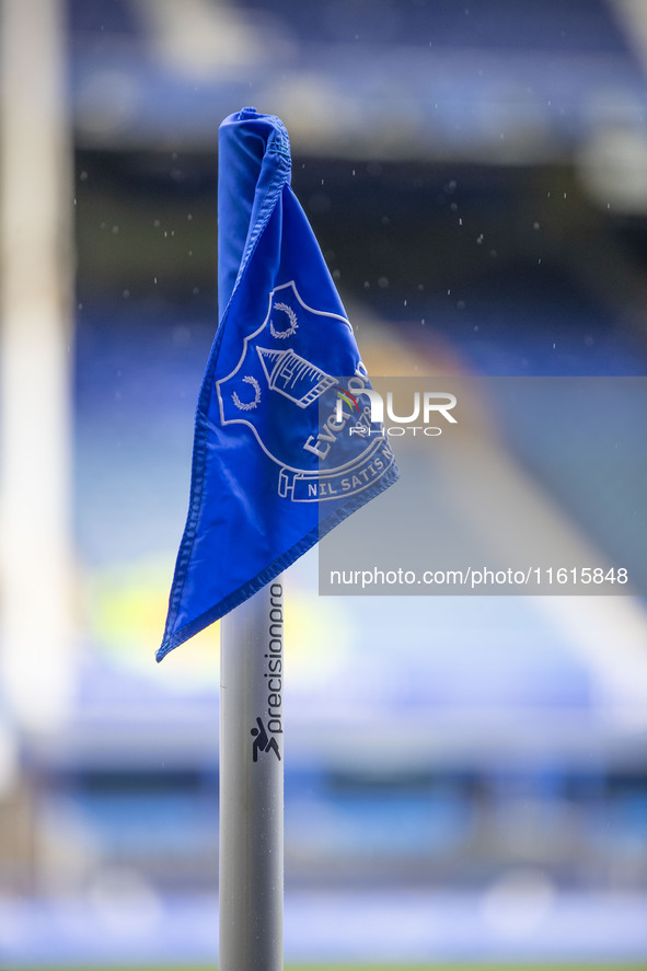 An Everton flag during the Premier League match between Everton and Crystal Palace at Goodison Park in Liverpool, England, on September 28,...