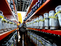 Staff members repair ski boots at the Qilian Mountain ski resort in Zhangye, China, on September 28, 2024. (