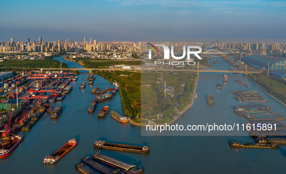 A photo taken on September 28, 2024, shows water transport along the Beijing-Hangzhou Grand Canal in Huai'an, Jiangsu province, China. 