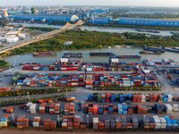 A photo taken on September 28, 2024, shows water transport along the Beijing-Hangzhou Grand Canal in Huai'an, Jiangsu province, China. (