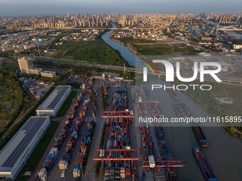 A photo taken on September 28, 2024, shows water transport along the Beijing-Hangzhou Grand Canal in Huai'an, Jiangsu province, China. (