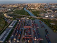 A photo taken on September 28, 2024, shows water transport along the Beijing-Hangzhou Grand Canal in Huai'an, Jiangsu province, China. (