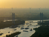 A photo taken on September 28, 2024, shows water transport along the Beijing-Hangzhou Grand Canal in Huai'an, Jiangsu province, China. (