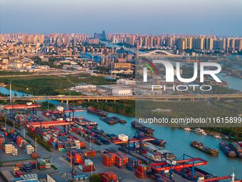 A photo taken on September 28, 2024, shows water transport along the Beijing-Hangzhou Grand Canal in Huai'an, Jiangsu province, China. (