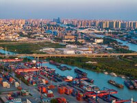 A photo taken on September 28, 2024, shows water transport along the Beijing-Hangzhou Grand Canal in Huai'an, Jiangsu province, China. (