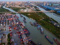 A photo taken on September 28, 2024, shows water transport along the Beijing-Hangzhou Grand Canal in Huai'an, Jiangsu province, China. (