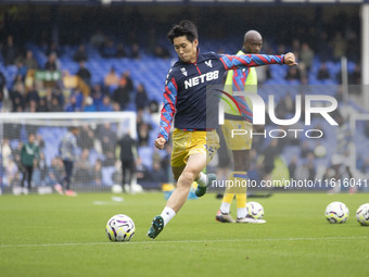 Daichi Kamada #18 of Crystal Palace F.C. warms up during the Premier League match between Everton and Crystal Palace at Goodison Park in Liv...