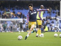 Daichi Kamada #18 of Crystal Palace F.C. warms up during the Premier League match between Everton and Crystal Palace at Goodison Park in Liv...