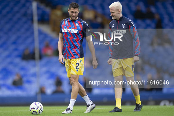 Joel Ward #2 of Crystal Palace F.C. and Will Hughes #19 of Crystal Palace F.C. during the Premier League match between Everton and Crystal P...