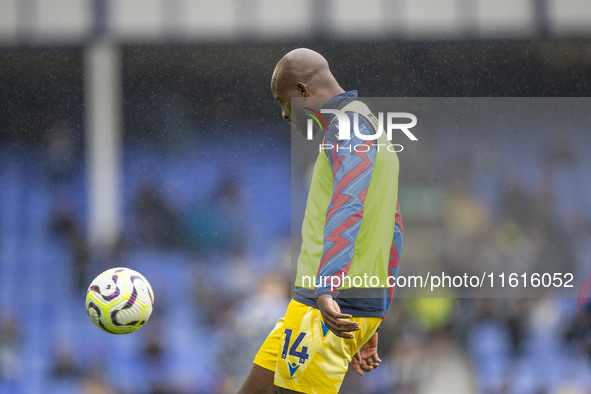 Jean-Philippe Mateta #14 of Crystal Palace F.C. warms up during the Premier League match between Everton and Crystal Palace at Goodison Park...