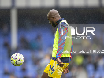 Jean-Philippe Mateta #14 of Crystal Palace F.C. warms up during the Premier League match between Everton and Crystal Palace at Goodison Park...