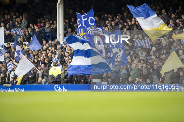 Everton fans during the Premier League match between Everton and Crystal Palace at Goodison Park in Liverpool, England, on September 28, 202...