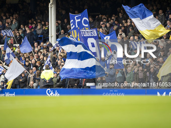 Everton fans during the Premier League match between Everton and Crystal Palace at Goodison Park in Liverpool, England, on September 28, 202...