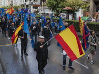 Flags of Spain mix with blue flags with the logo of the Alfonso I Association during the demonstration organized by the Association under th...