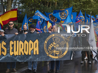 Flags of Spain mix with blue flags with the logo of the Alfonso I Association during the demonstration organized by the Association under th...