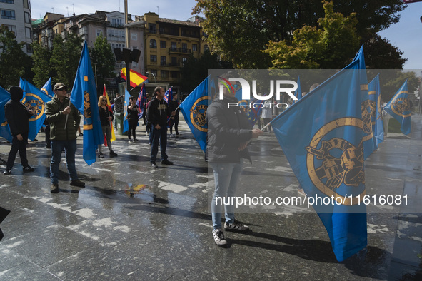 Many blue flags with the shield of the Alfonso I Association pose in front of the City Hall during the demonstration organized by the Associ...