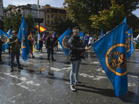 Many blue flags with the shield of the Alfonso I Association pose in front of the City Hall during the demonstration organized by the Associ...