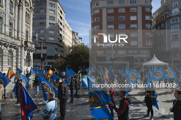 Many blue flags with the shield of the Alfonso I Association pose in front of the City Hall during the demonstration organized by the Associ...