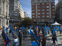 Many blue flags with the shield of the Alfonso I Association pose in front of the City Hall during the demonstration organized by the Associ...