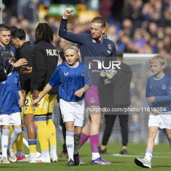 Jordan Pickford #1 (GK) of Everton F.C. during the Premier League match between Everton and Crystal Palace at Goodison Park in Liverpool, En...