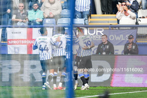 Sheffield Wednesday celebrate the opening goal claimed by #18, Marvin Johnson of Sheffield Wednesday (possible own goal) during the Sky Bet...