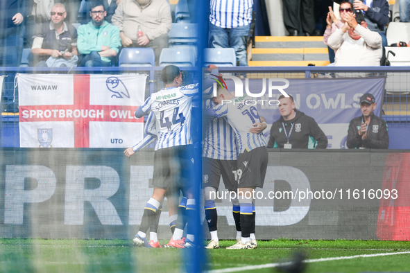 Sheffield Wednesday celebrate the opening goal claimed by #18, Marvin Johnson of Sheffield Wednesday (possible own goal) during the Sky Bet...