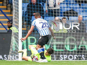 James Beadle of Sheffield Wednesday intercepts the cross at the feet of #20, Uros Racic of WBA during the Sky Bet Championship match between...