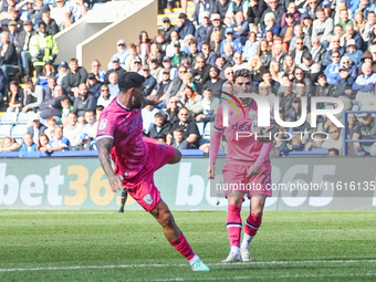 #27, Alex Mowatt of WBA lines up the volley which makes it 2-2, watched by #22, Mikey Johnston, during the Sky Bet Championship match betwee...