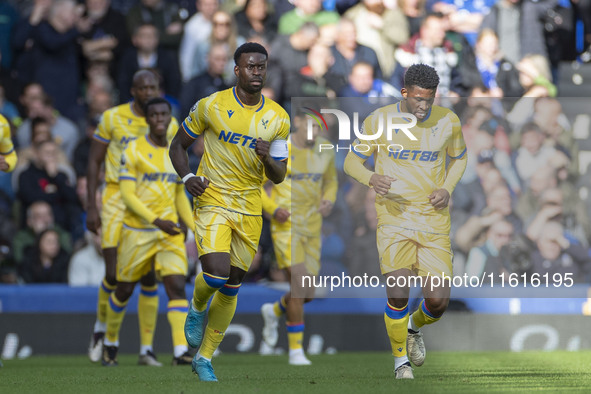 Marc Guehi #6 of Crystal Palace F.C. celebrates his goal during the Premier League match between Everton and Crystal Palace at Goodison Park...