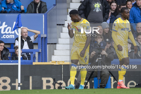 Marc Guehi #6 of Crystal Palace F.C. celebrates his goal during the Premier League match between Everton and Crystal Palace at Goodison Park...