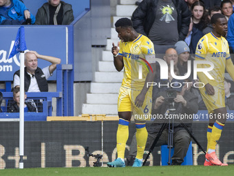 Marc Guehi #6 of Crystal Palace F.C. celebrates his goal during the Premier League match between Everton and Crystal Palace at Goodison Park...