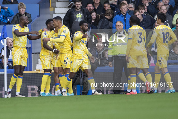 Marc Guehi #6 of Crystal Palace F.C. celebrates his goal during the Premier League match between Everton and Crystal Palace at Goodison Park...