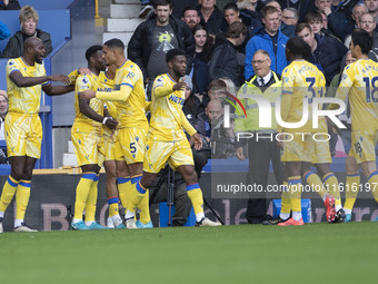 Marc Guehi #6 of Crystal Palace F.C. celebrates his goal during the Premier League match between Everton and Crystal Palace at Goodison Park...