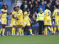 Marc Guehi #6 of Crystal Palace F.C. celebrates his goal during the Premier League match between Everton and Crystal Palace at Goodison Park...