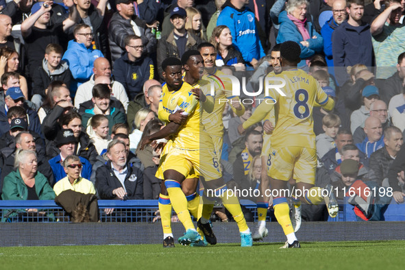 Marc Guehi #6 of Crystal Palace F.C. celebrates his goal during the Premier League match between Everton and Crystal Palace at Goodison Park...