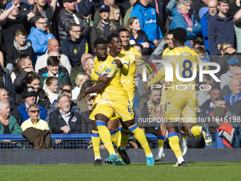 Marc Guehi #6 of Crystal Palace F.C. celebrates his goal during the Premier League match between Everton and Crystal Palace at Goodison Park...