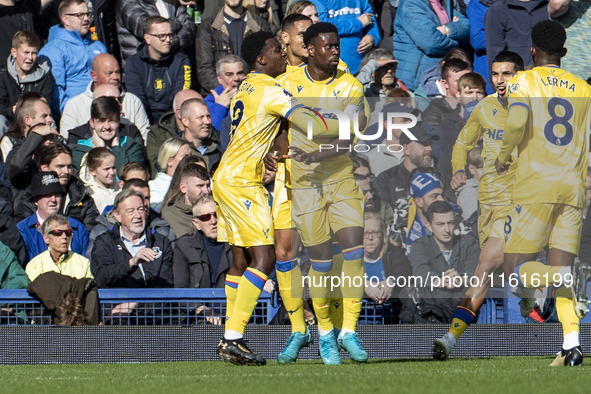 Marc Guehi #6 of Crystal Palace F.C. celebrates his goal during the Premier League match between Everton and Crystal Palace at Goodison Park...