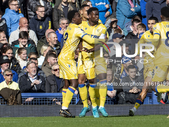 Marc Guehi #6 of Crystal Palace F.C. celebrates his goal during the Premier League match between Everton and Crystal Palace at Goodison Park...