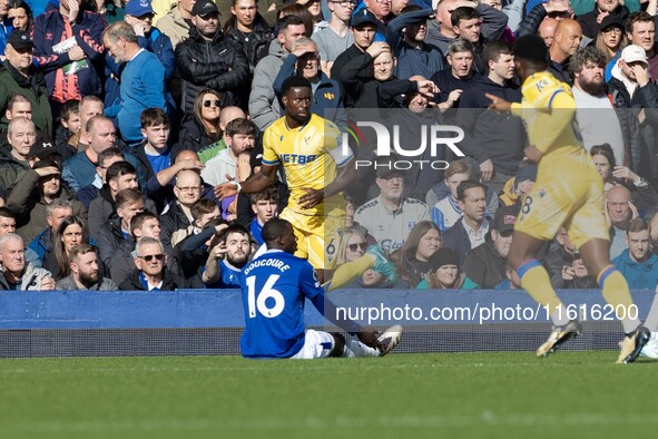 Marc Guehi #6 of Crystal Palace F.C. celebrates his goal during the Premier League match between Everton and Crystal Palace at Goodison Park...