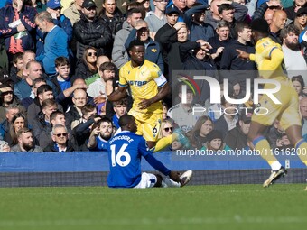 Marc Guehi #6 of Crystal Palace F.C. celebrates his goal during the Premier League match between Everton and Crystal Palace at Goodison Park...