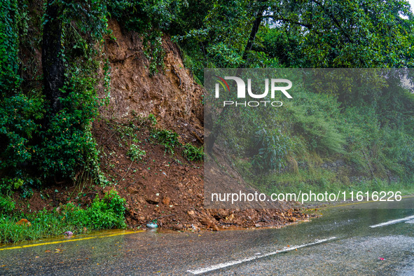 The Nakhu River floods and affects the riverbanks and homes during heavy rainfall in Kathmandu, Nepal, on September 28, 2024. 