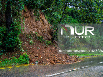 The Nakhu River floods and affects the riverbanks and homes during heavy rainfall in Kathmandu, Nepal, on September 28, 2024. (